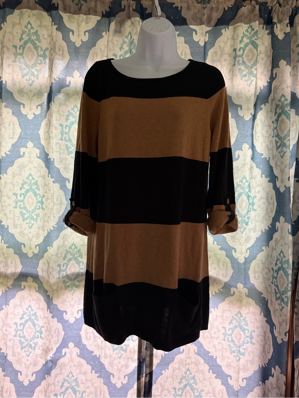 Caslon Camel Black Striped Tab Sleeves Mini Sweater Dress S